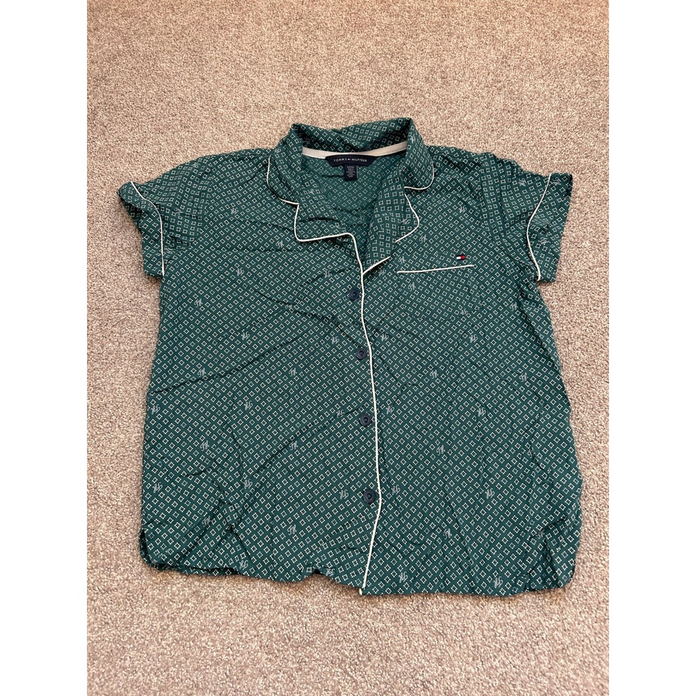 Tommy Hilfiger Pajama Top Womens Small Green Excellent Monogram Button Up Sleep